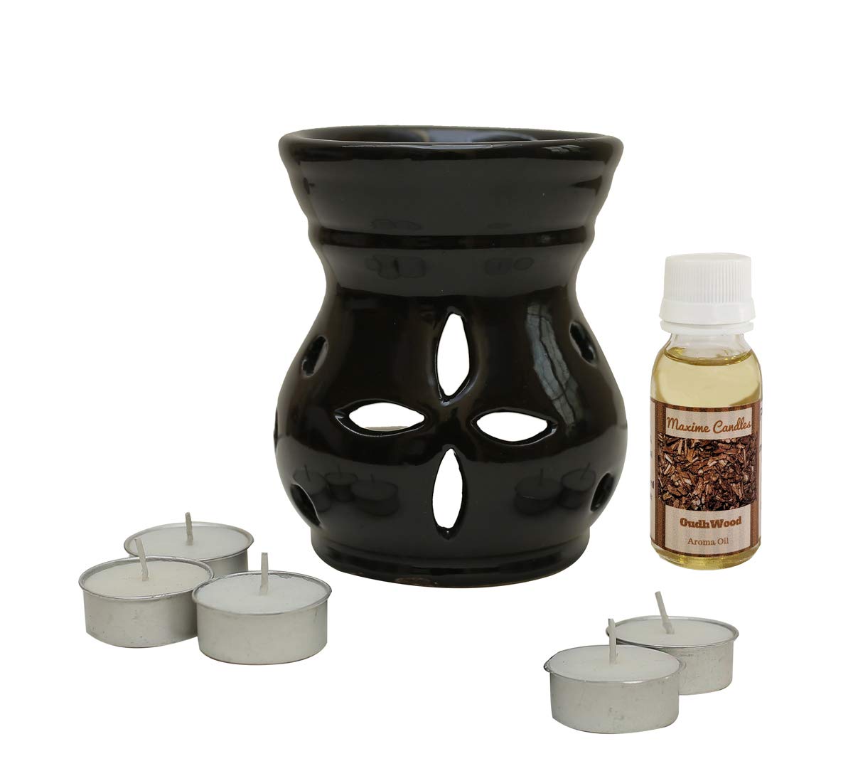 Black Ceramic Aroma Diffuser with Aroma Oil and Tealight Candle Set