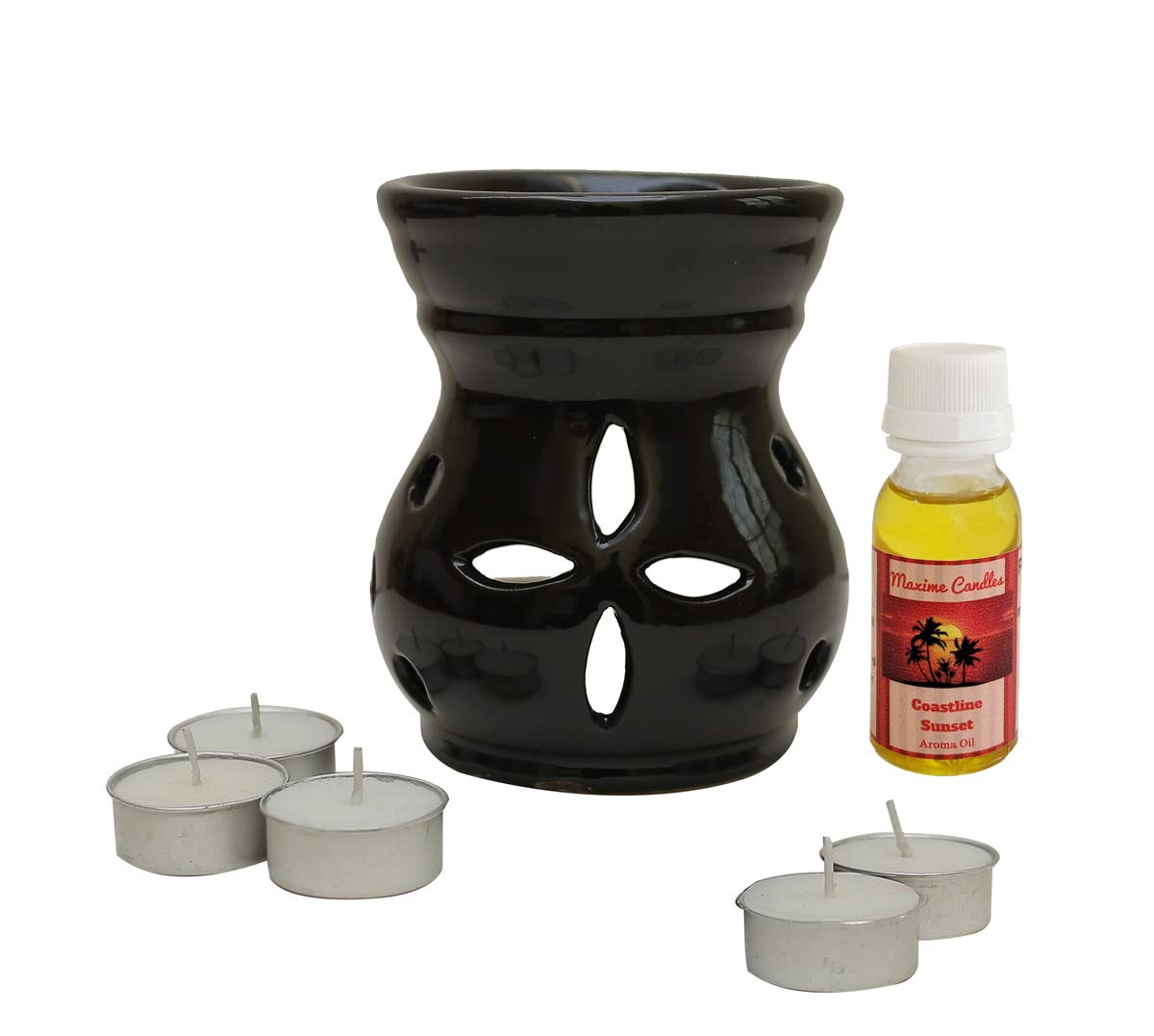 Black Ceramic Aroma Diffuser with Aroma Oil and Tealight Candle Set