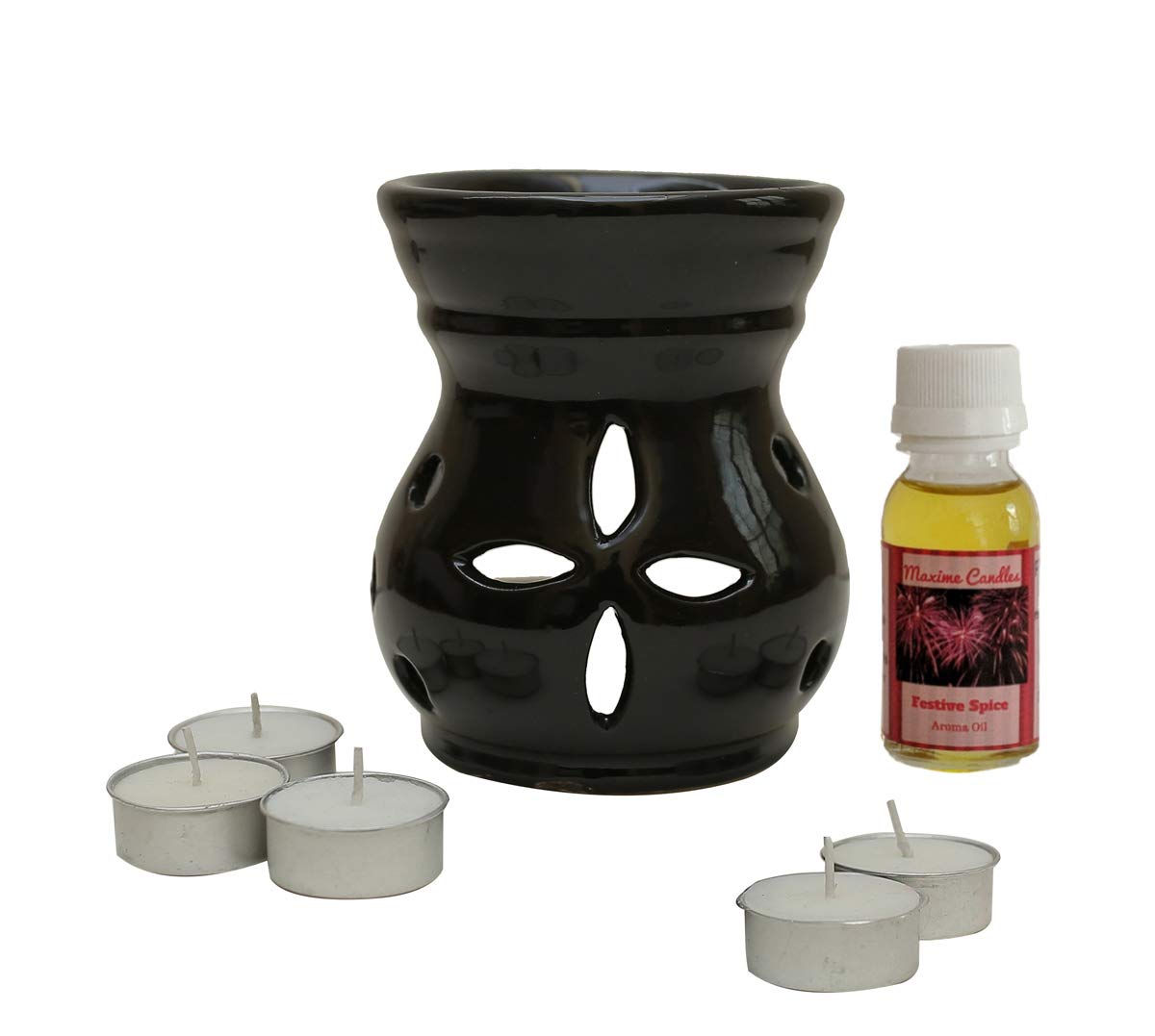 Black Ceramic Aroma Diffuser with Aroma Oil and Tealight Candle Set