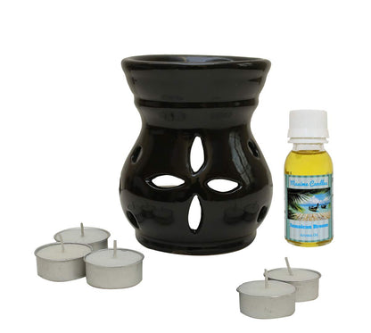 Black Ceramic Aroma Diffuser with Aroma Oil and Tealight Candle Set